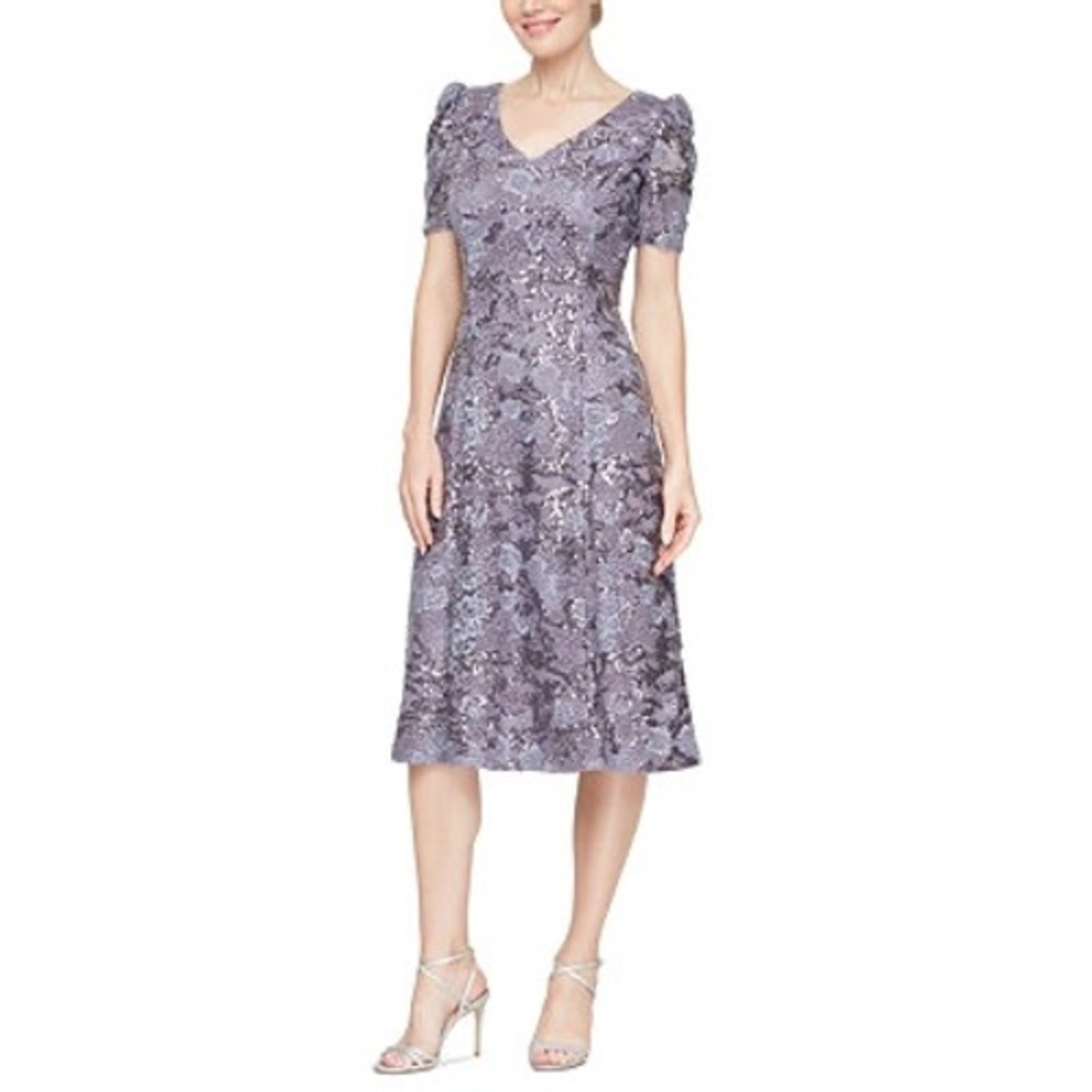 Alex Evenings Womens Sequin Floral Lace V-Neck Short Sleeve Midi Dress Purple 12